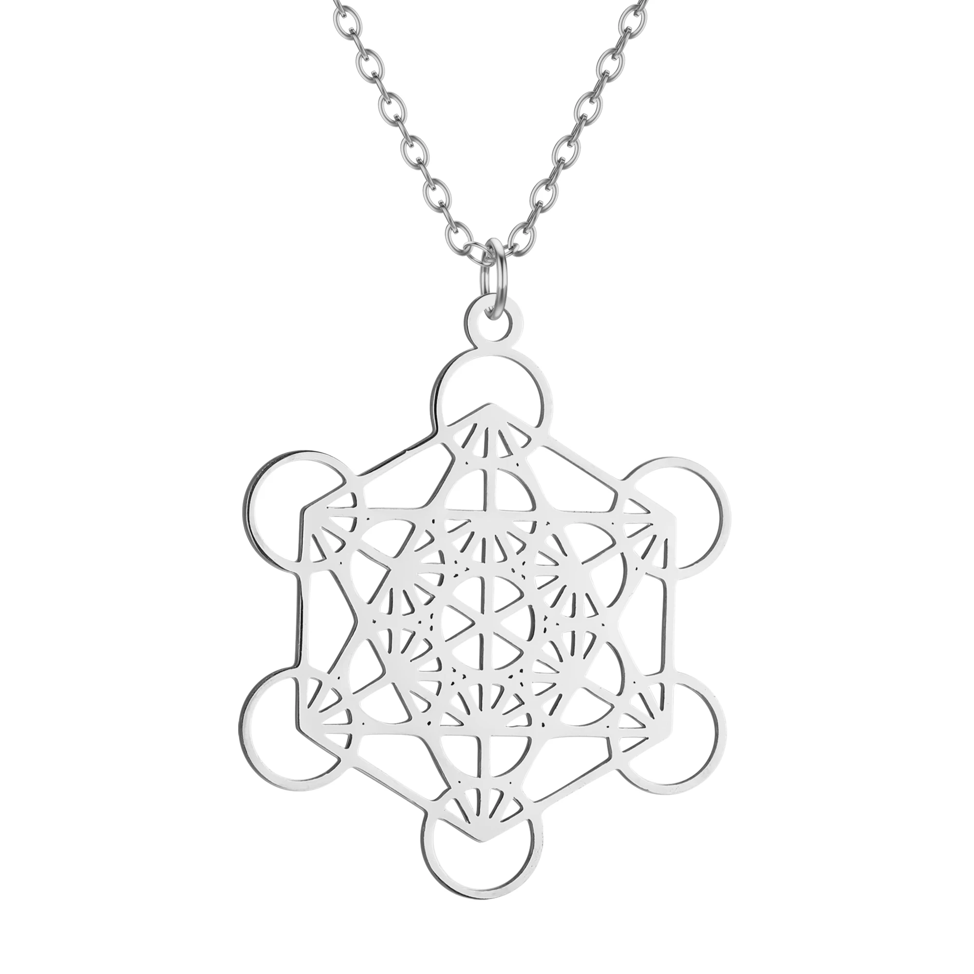 Stainless Steel Sacred Geometry Metatron Pendant Necklace Women Men Meditation Religiosus Jewelry Cube Necklace