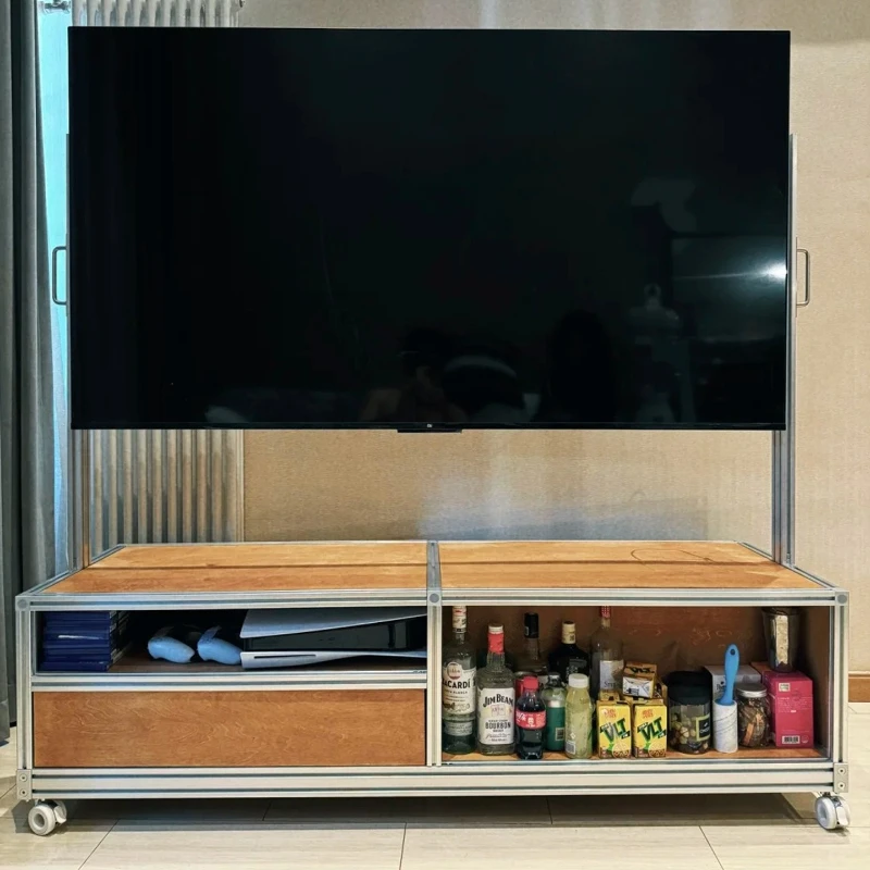 

Retro TV Rack Movable Storage Cabinet Integrated Bracket Living Room Aluminum Profile Ocean Board Drawer Locker