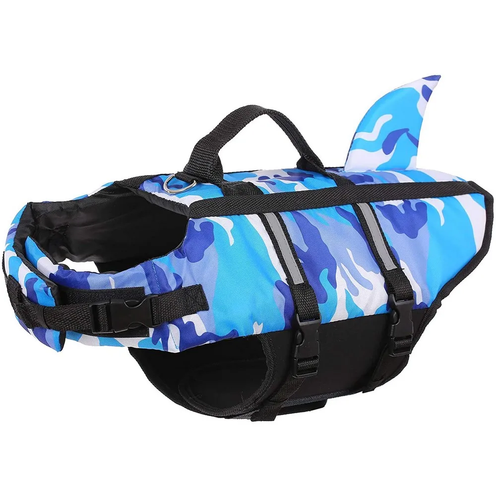 Haustier Hund Leben Jacke Weste Kleidung Lebensdauer Weste Kragen Harness Pet Hund Schwimmen Sommer Bademode Kleidung Camouflage Shark Blau Fuchsia