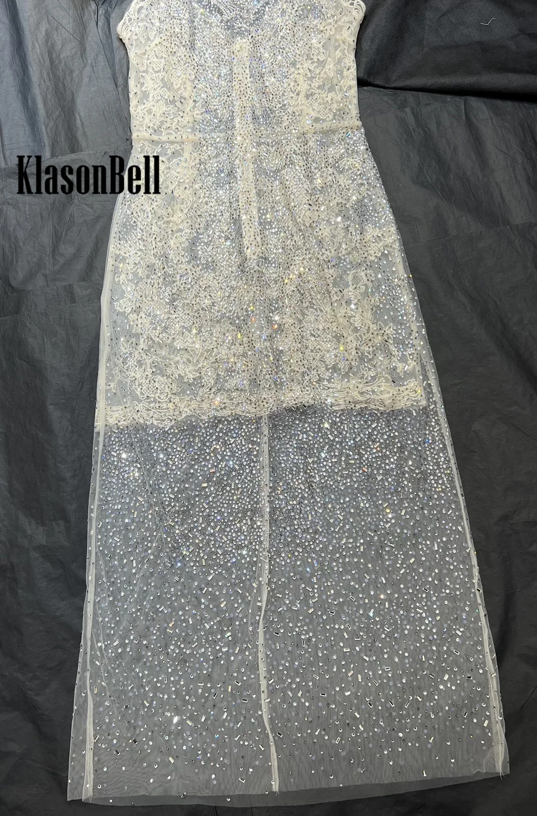 3.27  KlasonBell Luxury Temperament Embroidery Print Hand Beading Diamonds CryStal Sexy Spaghetti Strap Mesh Maxi Dress