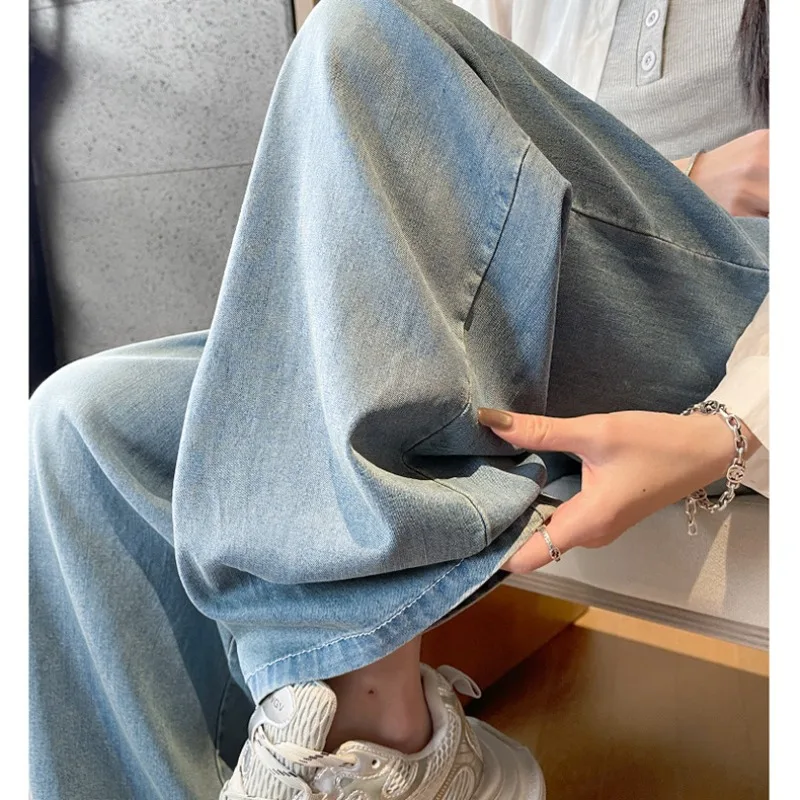 Spring Summer Special Supply Tencel Jeans Women's High Waisted Drooping Feeling Lazy Loose Wide Leg Pants Decorate Leg Shape