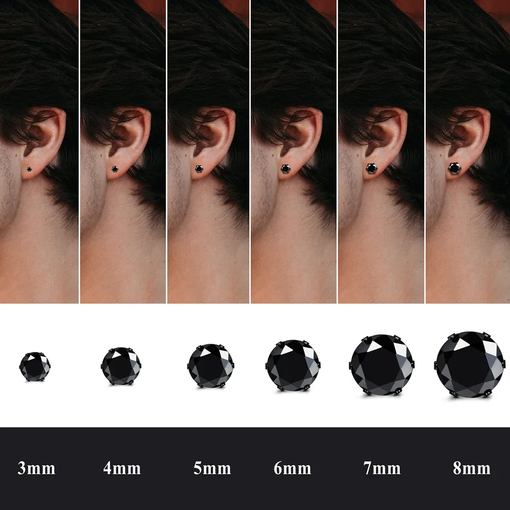 1 Pair Stainless Steel Black Round Cubic Zirconia Flat Stud Earrings Set Punk Piercing Jewelry for Men Women 3-8mm