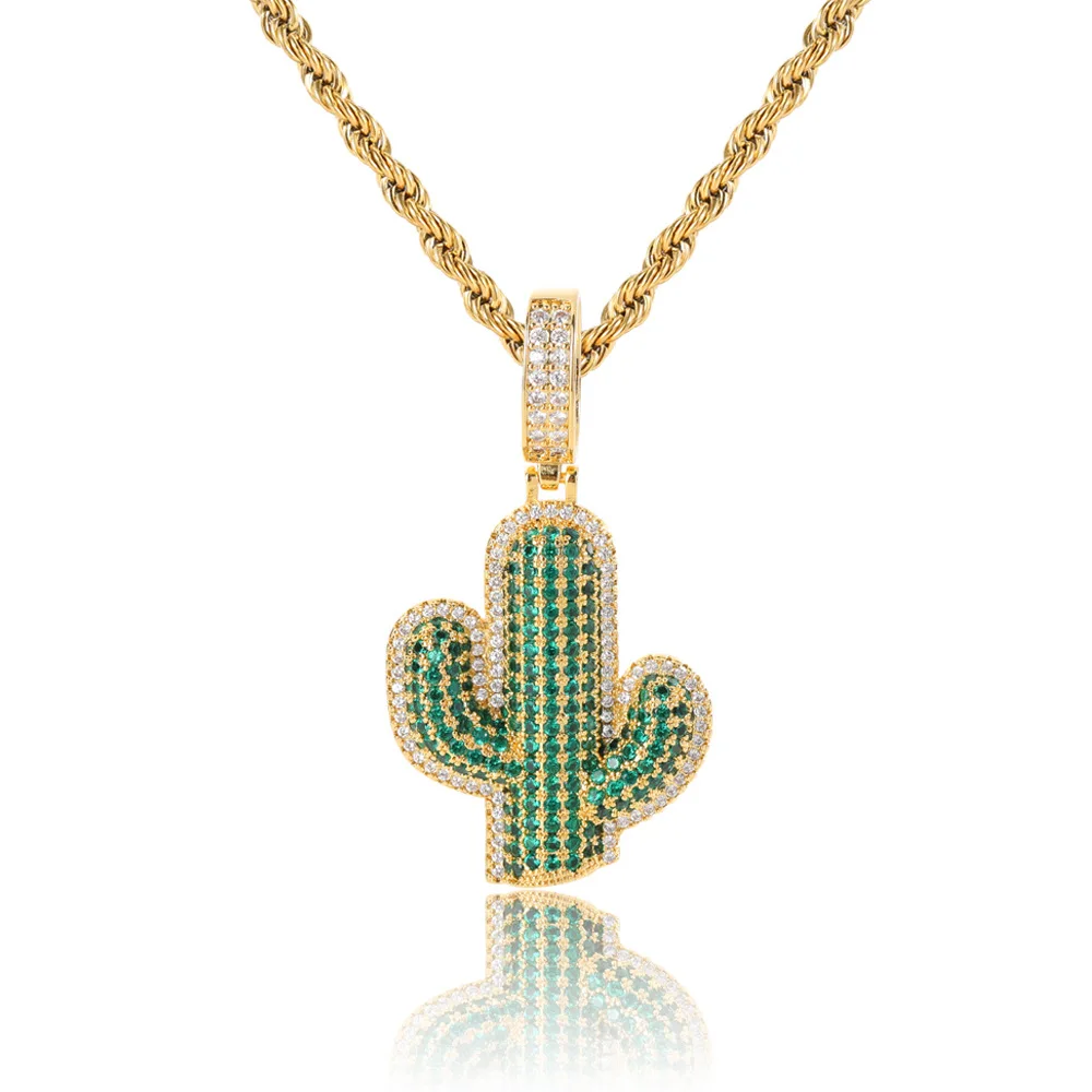 Hiphop Solid Cactus Copper Set Zircon Pendant Street Fashion Brand Hiphop Men's Necklace