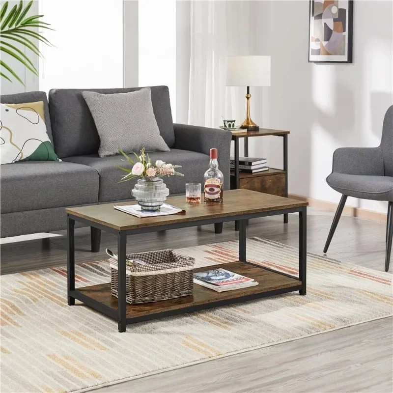 Industrial Coffee Table with Storage Shelf, Rustic Brown center table