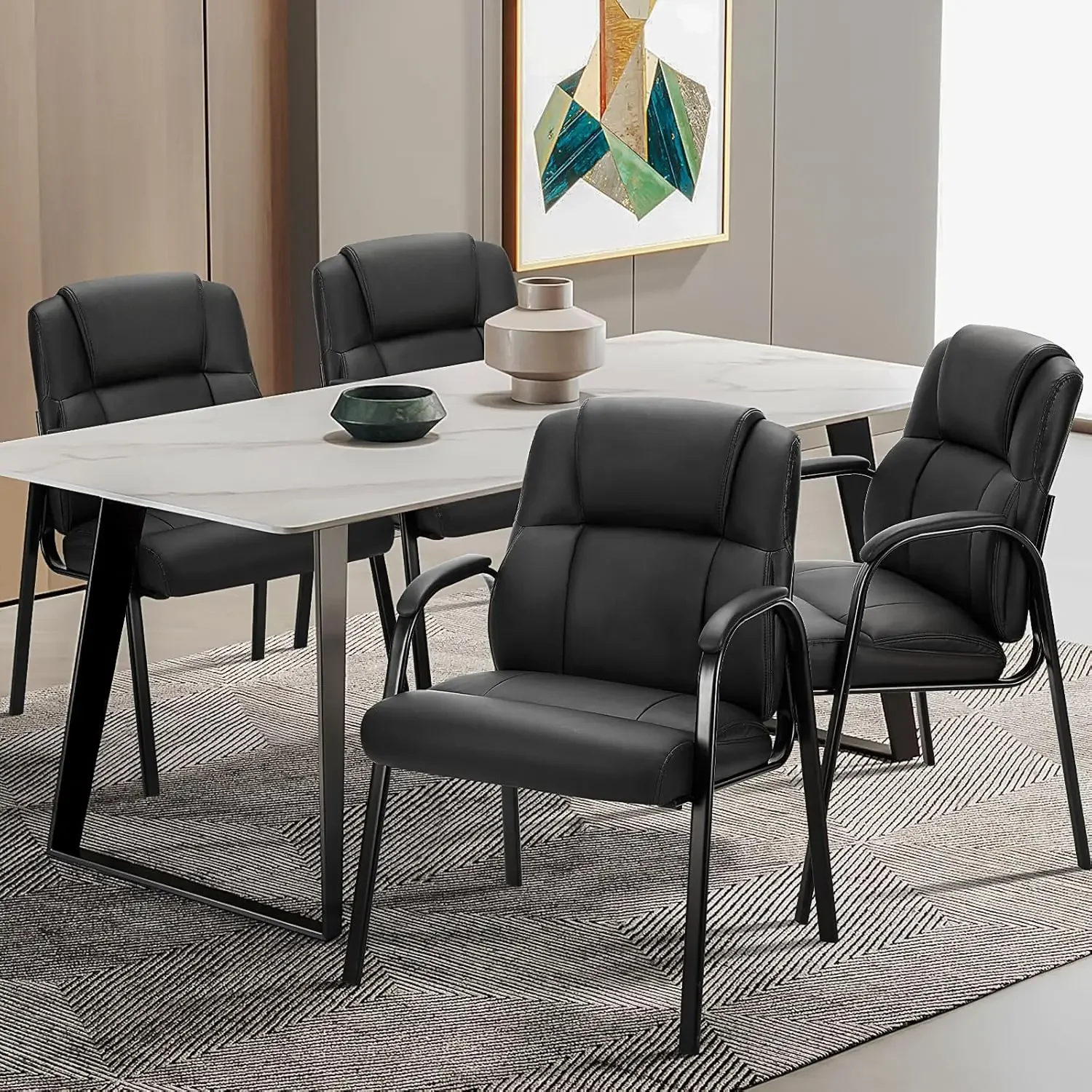 Leather Waiting Room Chairs with Padded Arms Set of 4 - Executive Office Reception Guest Chair No Wheels for Conference