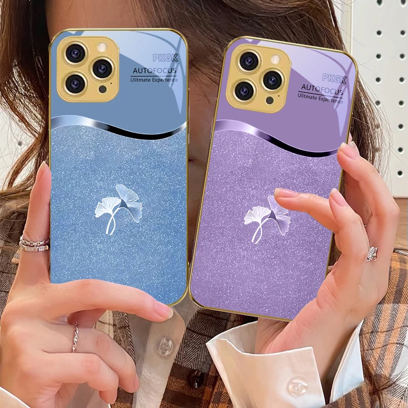 

Pink gradient ginkgo For IPhone 16 16Pro Max 15 P ro 14 13 Plus 12 Mini 11Pro Max XS Max XR Golden tempered glass phone case