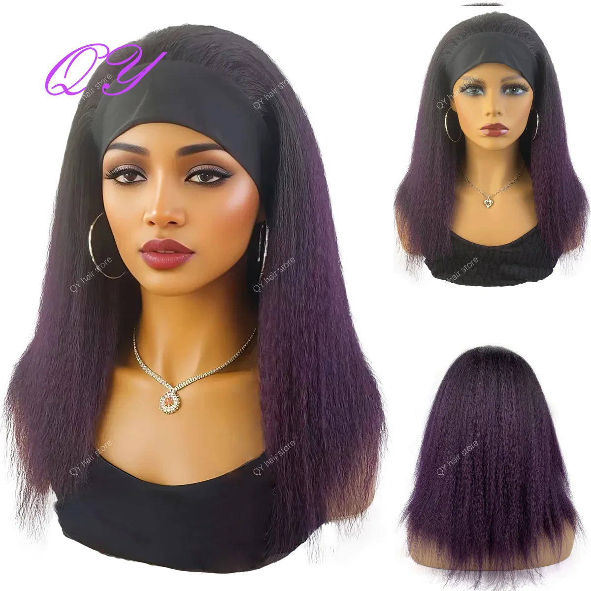 Synthetic Wig African Women Yaki Straight Headband Wigs  brownish #4 Medium Length Hairstyle Women\'s Wig Daily Ladies Turban Wig