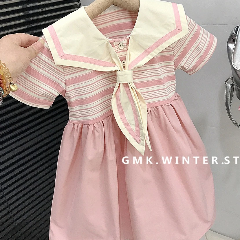 

Girls Skirt 2025 Summer New Children's Clothing Korean Wind Girl Baby Fashion Lapel Striped Princess Skirt Casual Simple Daily
