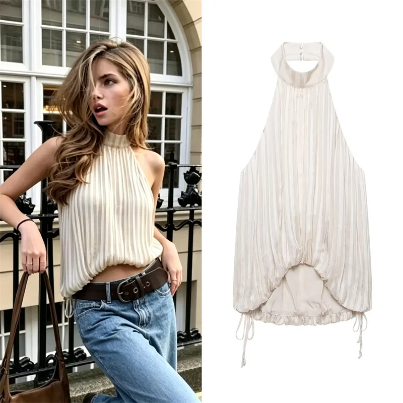 Guobioziy 2026 Ladies Halter Neck Blouse Summer Loose Striped Backless Beach Vacation Top