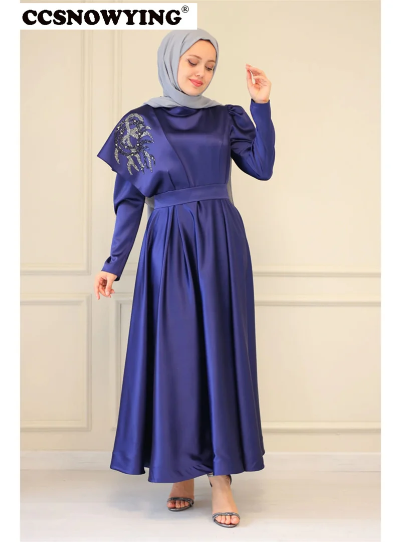 

Muslim Satin Appliques Hijab Evening Dresses Long Sleeve High Neck Islamic Formal Party Gown A Line Arabic Dubai Robe De Soiree