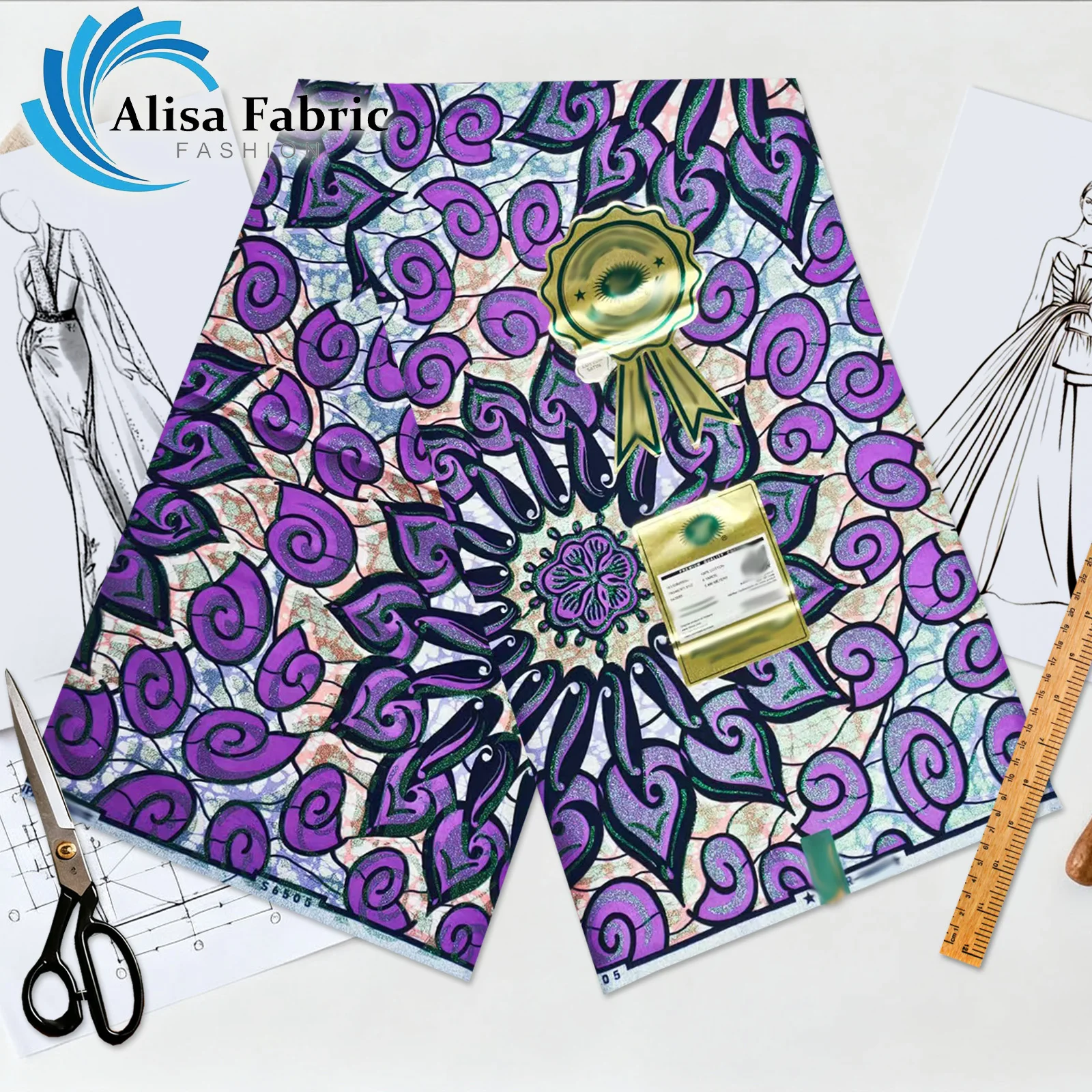 

Newest grand super African wax fabric Ankara wholesale 6 yards 100% cotton 2025 couture for Nigerian party, Purple