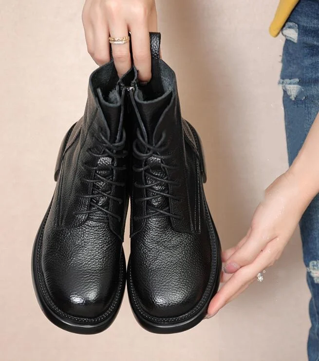 New Soft Soled Women's Boots Zippered Round Toe Flat Bottom Simple Casual Sewing Thick Soled Heightening Leather Boots