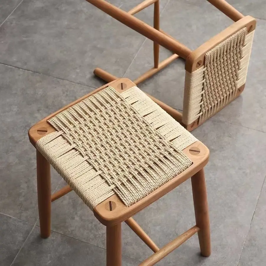 Dining stools, solid wood stools, household woven rope small stools, rubber wood natural wood dressing stools, modern single