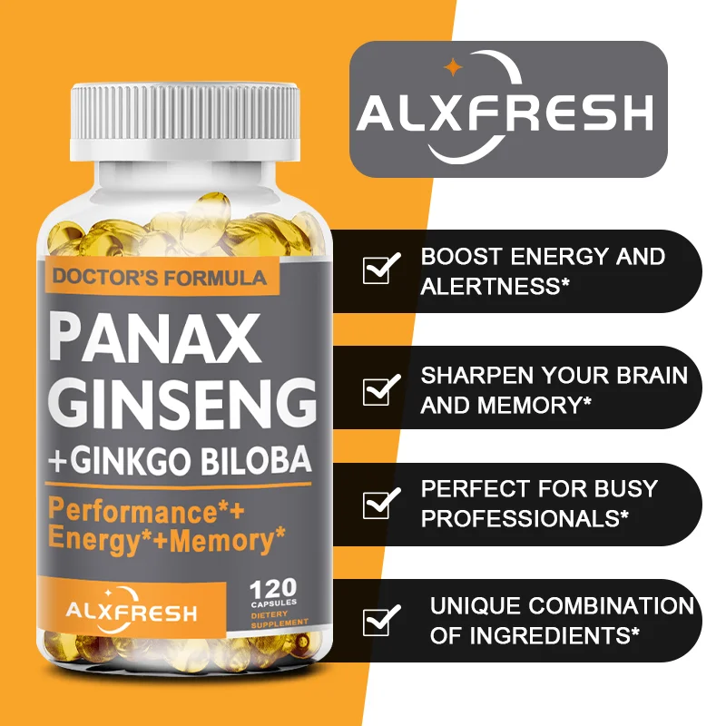 Alxfresh, красный женьшень Panax 500 мг + Гинкго билоба 100 мг + Ashwagandha для энергетики, сильная Мужская пищевая добавка для здоровья