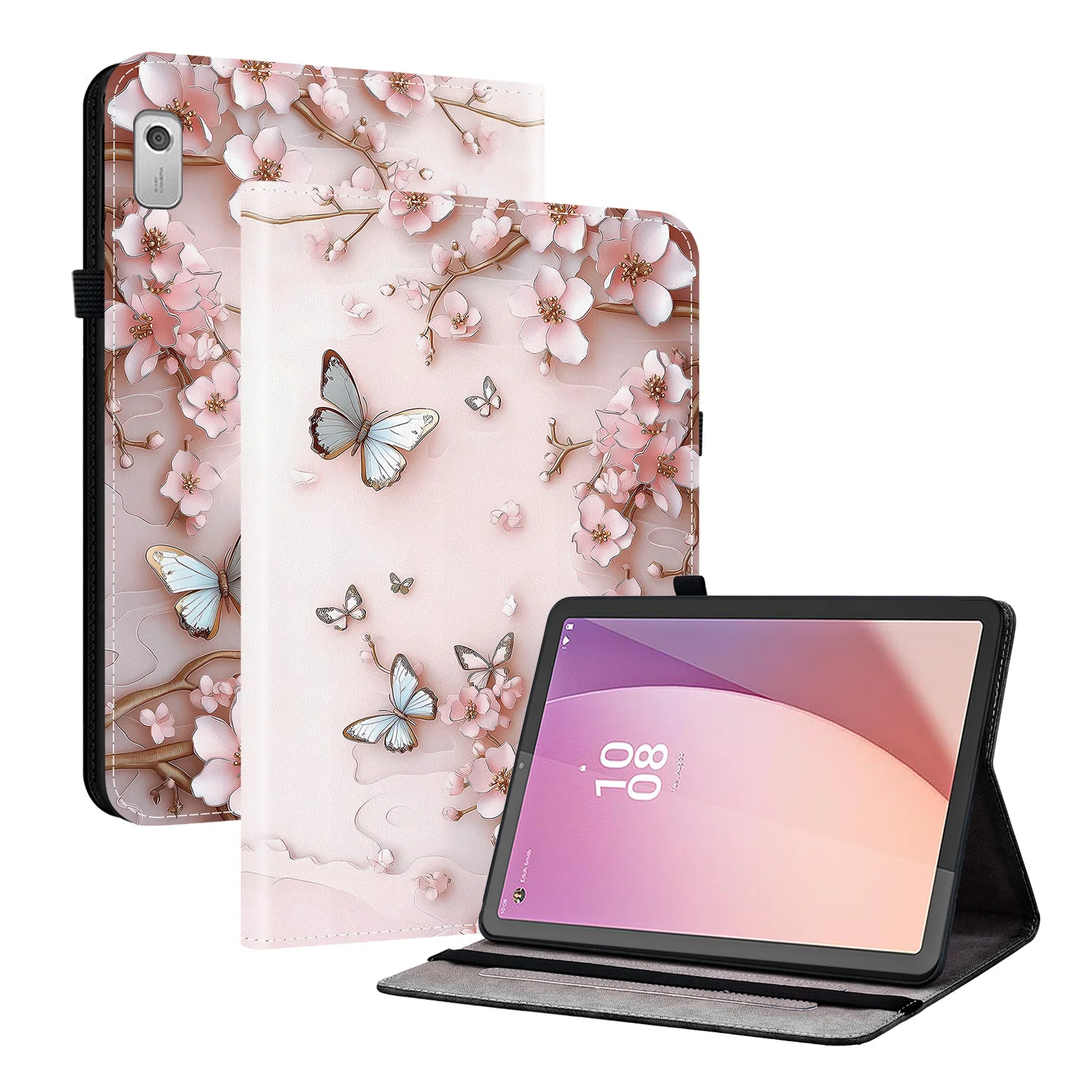 For Lenovo Tab M9 Leather Case Pattern Printed Stand Tablet Cover with Card Slots - Pink Butterfly