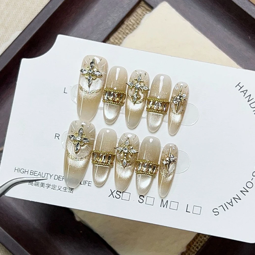 

VITAGWX 10pcs Press on Nails Handmade Long Nail Tips Cat-eye Luxury Nail Art Diamond Decorated Nails Golden Luxury Fake Nails