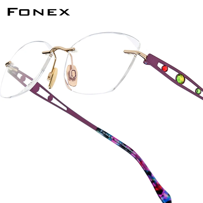 

FONEX титановые очки без оправы, женские роскошные знаменитые брендовые дизайнерские оправы для очков с ромбовидной отделкой, высококачественные безрамочные очки 6119