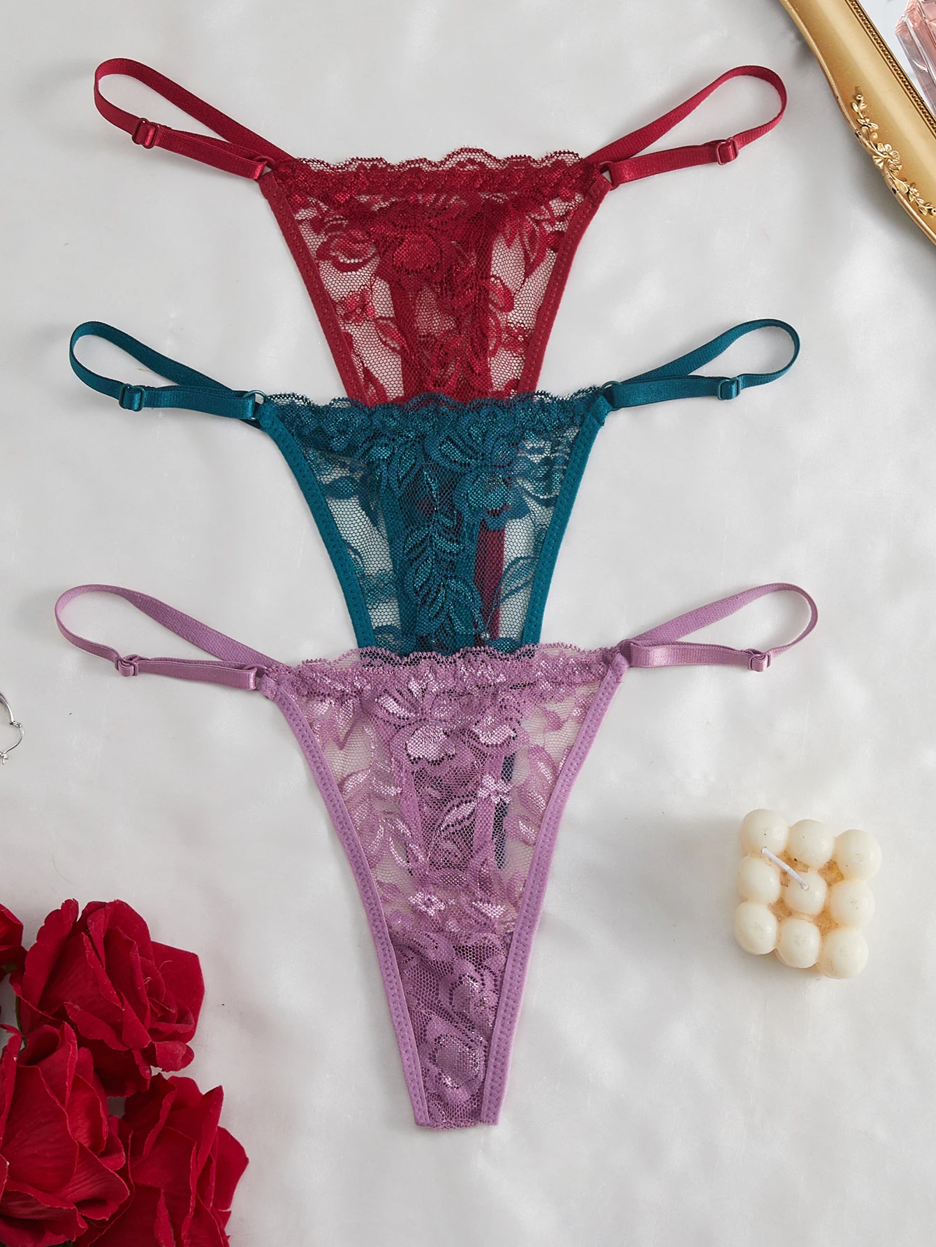 3-teiliges Set Spitzen-Stringtangas für Damen, sexy, verstellbarer dünner Bund, Intimwäsche – Detail 18