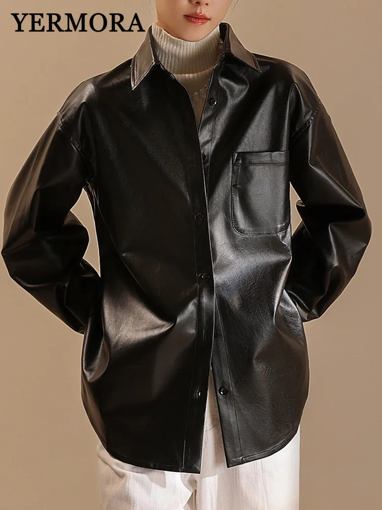 

YERMORA Black Pu Leather Button Big Size Blouse For Women Lapel Long Sleeve Loose New Shirt Coat Fashion Tide Spring Autumn 2025