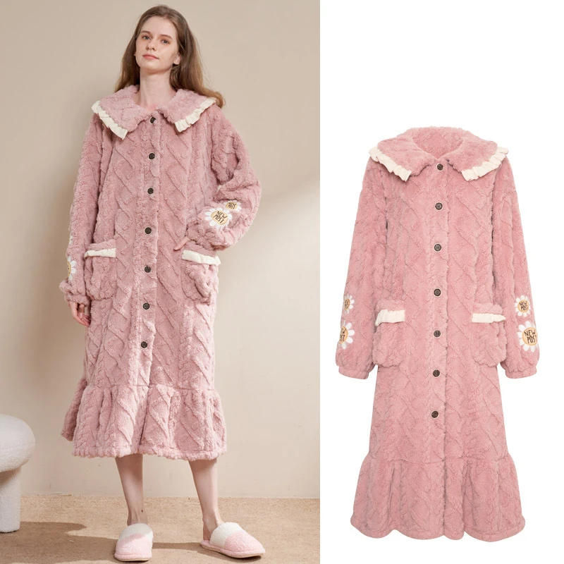 Sweet Girls Robe Winter New Coral Fleece Sleepwear Flannel Bathrobe Gown Long Thicke Warm Nightdress Student Loungewear