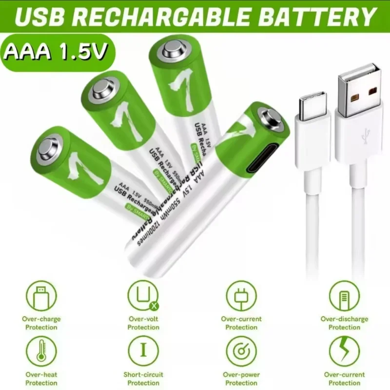 

USB Charging Aaa Battery No. 5 Rechargeable Battery 1.5 V Lithium-Ion Battery, Tv/Air Conditioner/Set-Top Box Remote Control, Wireless Mouse, Keyboard, Electronic Scale, Calculator, Thermometer, Hygrometer, Toys, Electric Toothbrush, Electric Eyebrow Trim