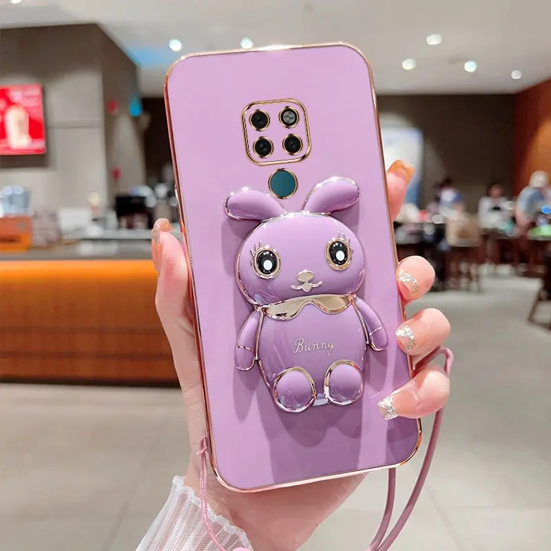 Phone Case For Huawei Mate 20 Luxury Plating Square Rabbit Holder With Landyard Phone Case Cover