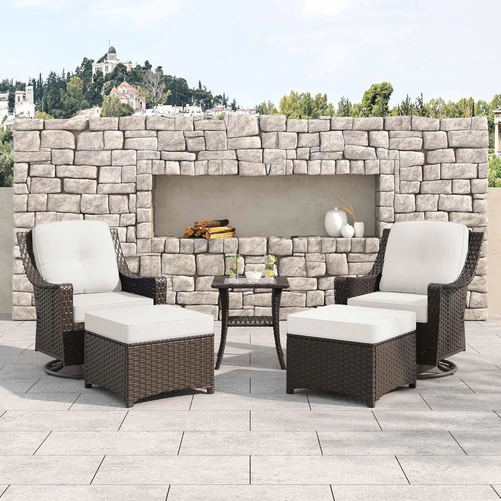 

5 Pieces Patio Furniture Set, 2 High Back Rattan Swivel Chairs and 2 Ottomans & Side Table, Outdoor PE Wicker Furniture Set, All