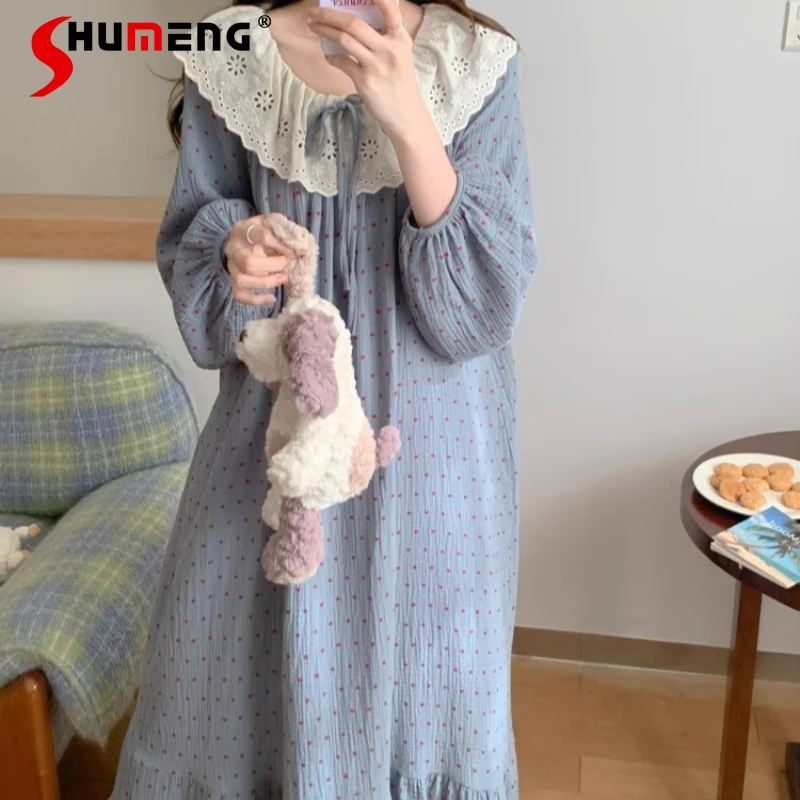 

Cotton Gauze Pajamas Homewear Polka Dot Cotton Nightdress for Women Spring Autumn Long Sleeve Sweet Lace Ladies Nightgowns