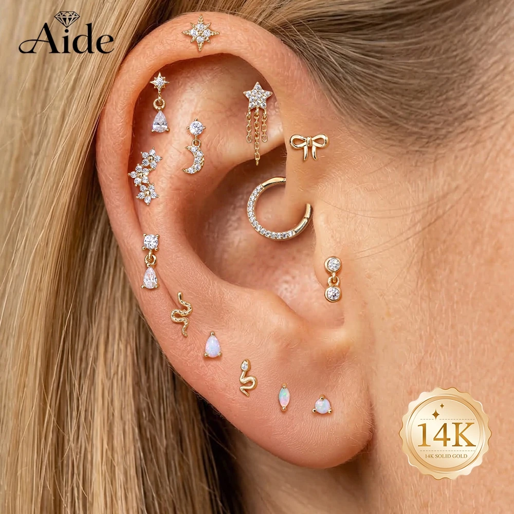AIDE 14K Solid Gold Star Moon Pendant Smooth Snake Piercing Earrings For Women Classic Australian Opal Party Gifts