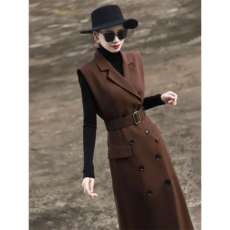 New French Style Luxury Long Vest Dress 2025Spring Autumn Temperament Double Breasted Sleeveless Suit Vest Dress Women Waistcoat