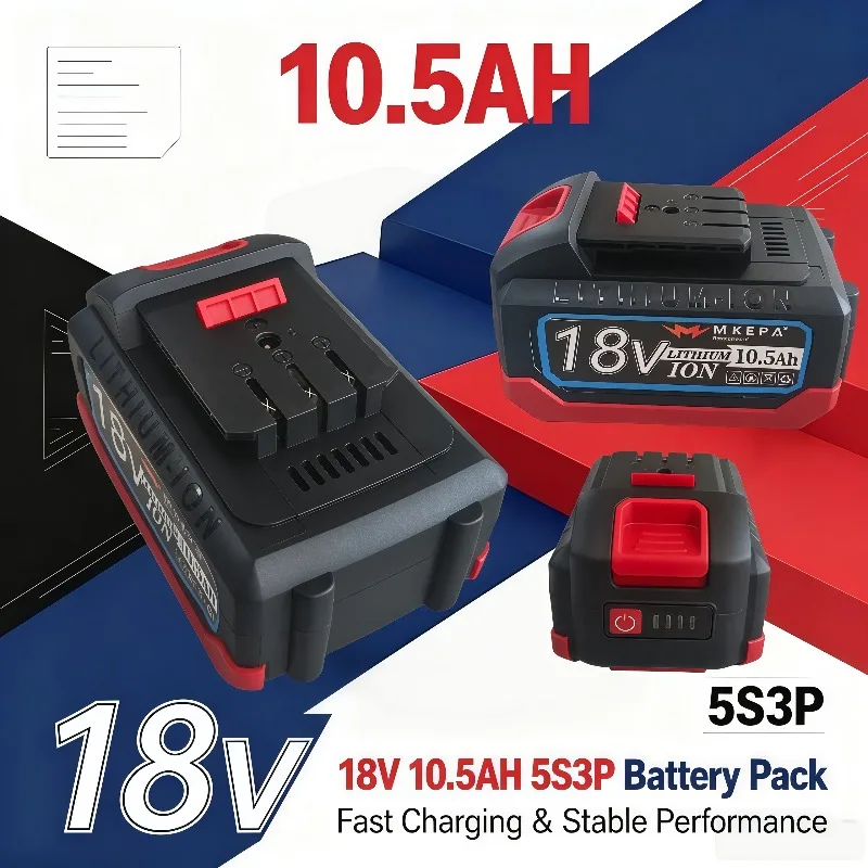 Original 18V 10.5AH 5S3P Rechargeable Lithium Battery with BMS, Fit for 21V Electric Drills, Dependable Performance