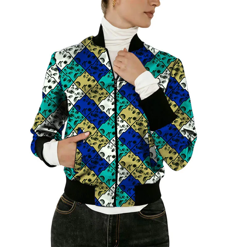 

Куртка-бомбер женская в стиле африканской винтажной моды с принтом, укороченная, для уличной носки, с черными ребристыми манжетами, на подкладке из ткани Анкара, для концертов