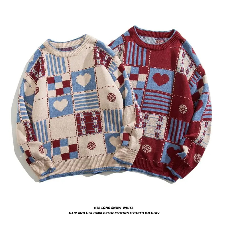 

American Retro Plaid Heart Ins Versatile Thiened Knitted Sweater Red Autumn Winter Lazy Couple Outerwear Casual Loose Fit