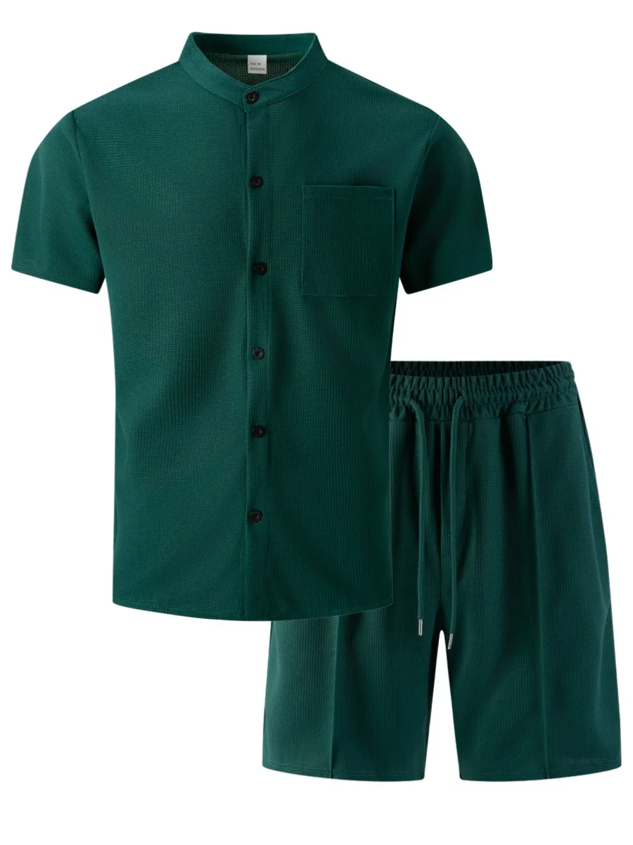 Men's New Summer Style Waffle Plain-Color Crew-Neck T-Shirt with Pocket Short-Sleeved Set with Beach Shorts Men's Casual Suit view 6