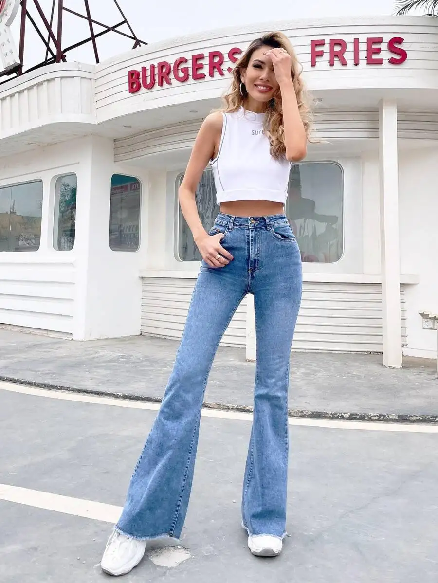 

Джинсы-клеш EMERY ROSE с высокой талией и необработанным краем для женщин, повседневные джинсовые брюки с широкими штанинами