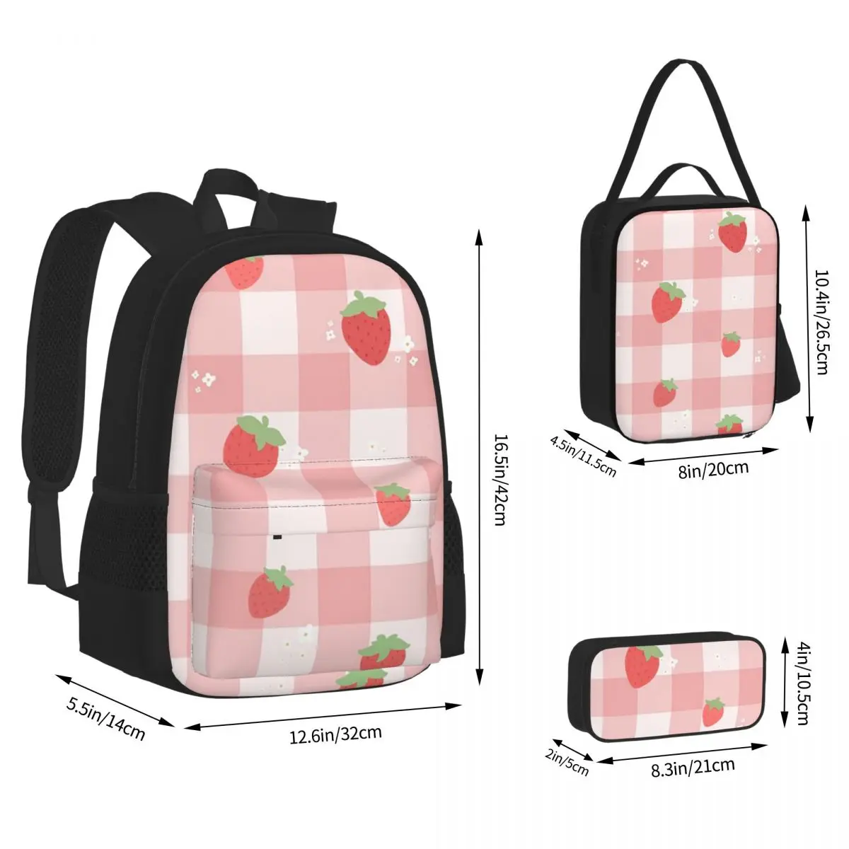 Strawberry Plaid Backpacks Boys Girls Bookbag School Bags Rucksack Lunch Bag Pen Bag Three-Piece Set