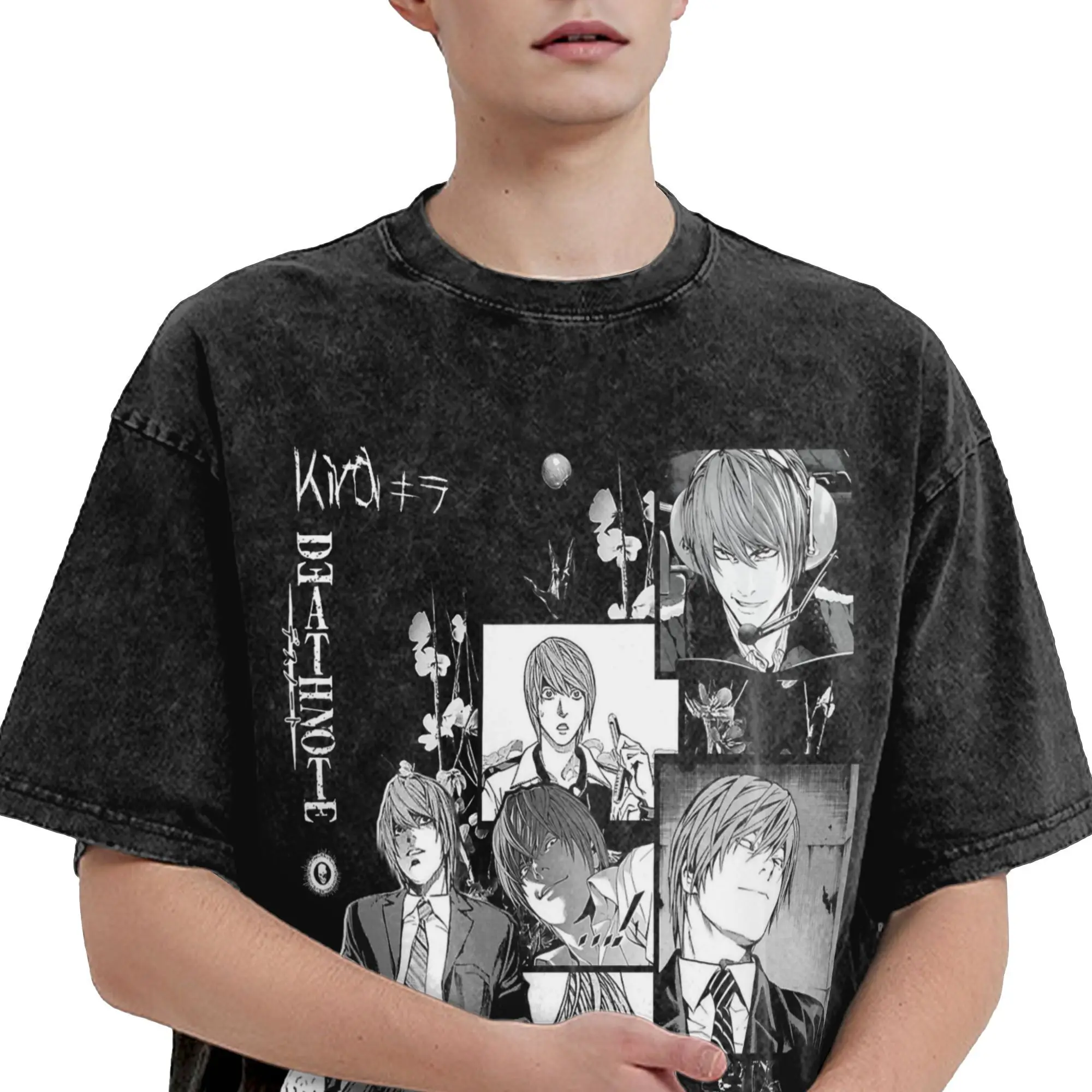 Мужская футболка Kira Light Yagami Death Note, винтажная футболка с короткими рукавами и круглым воротником, топы из чистого хлопка