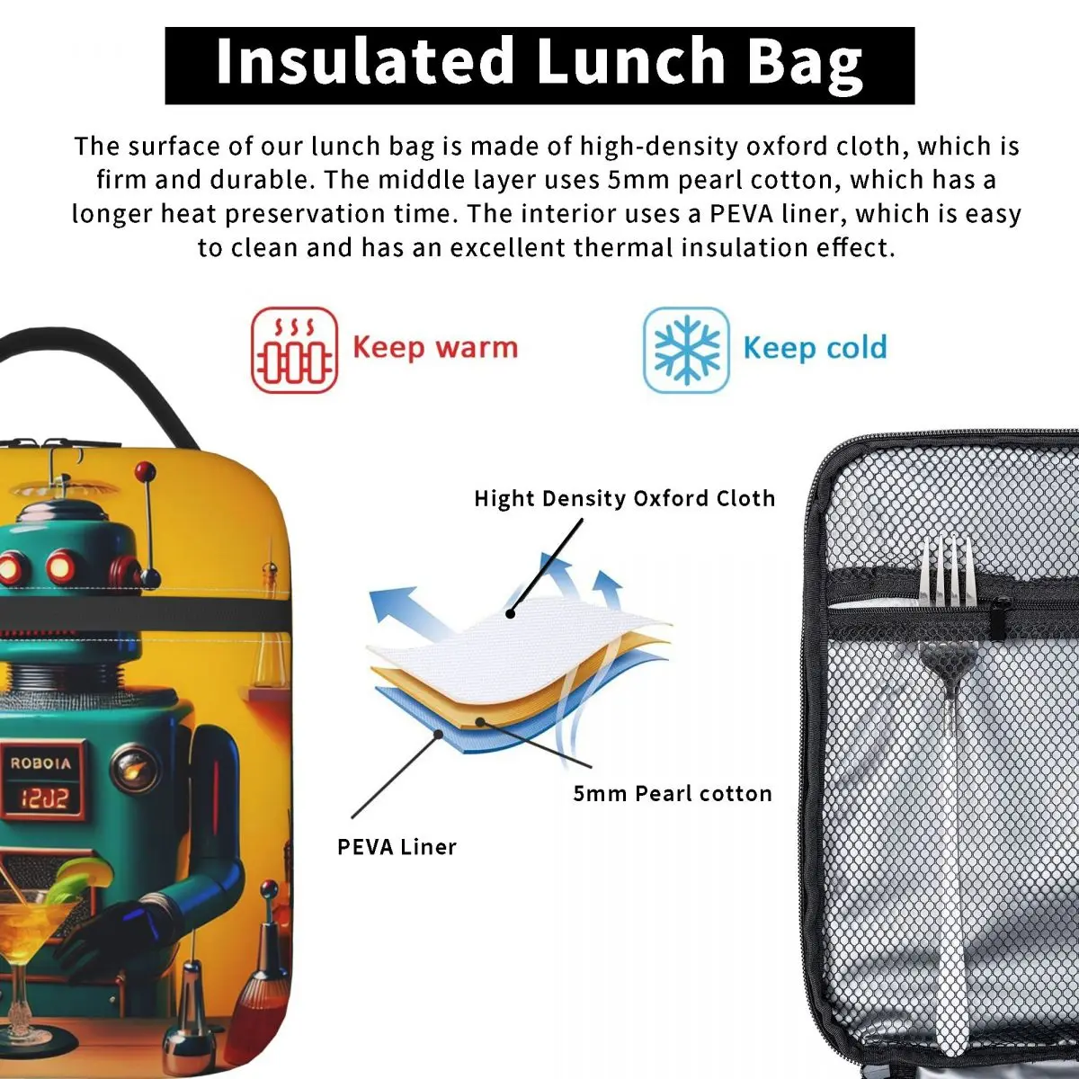 Retro Colorful Robot Holding Drink Insulated Lunch Bag for Women Kids Portable Food Boxes Thermal Lunch Box Tote