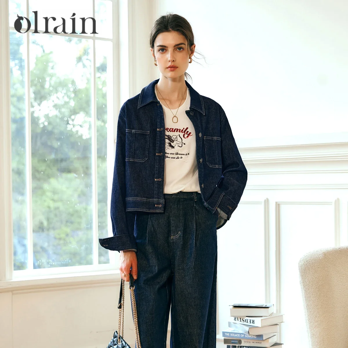 

OLrain Vintage Cotton Denim Coat Women 2025 Spring Straight Lapel Collar Fashion Pockets Chic Single Breasted Jackets M57CW95889