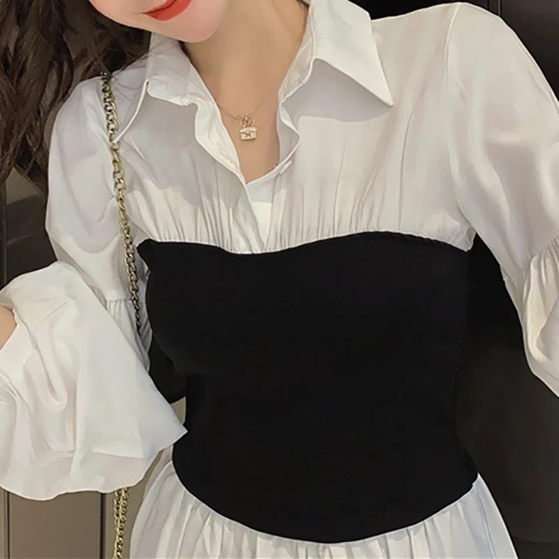 Women\'s Long Sleeve Top Shirt & Blouses Autumn New Office Lady Elegant Lapel Lantern Sleeve Patchwork Pleated Elastic All-match