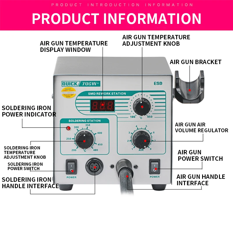 706W+ Digital Display Heat Gun Anti-Static Constant Temperature Lead-Free Soldering Iron Dual Function Soldering Station