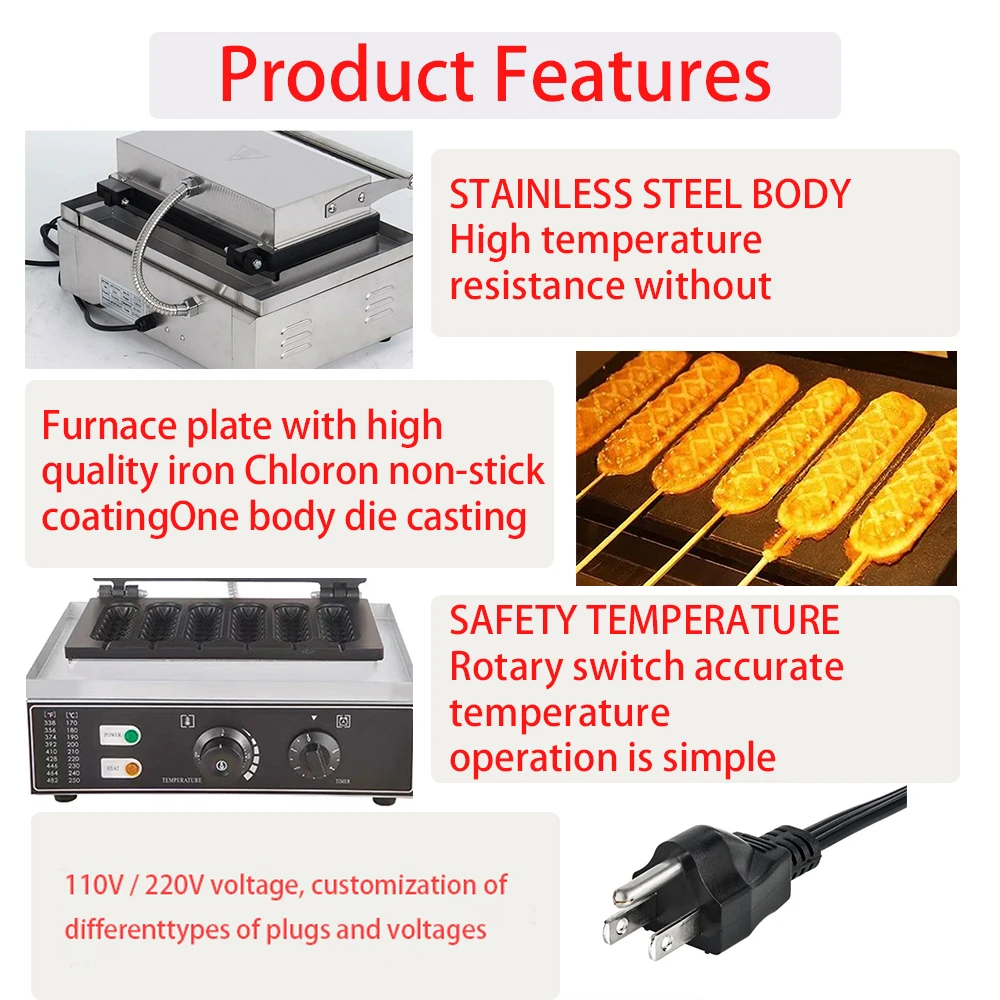 CPVKRY Corn Dog Waffle Maker, Waffle Stick Maker/Commercial Waffle Maker/Stainless Steel Baker w/Non-Stick Teflon Coating