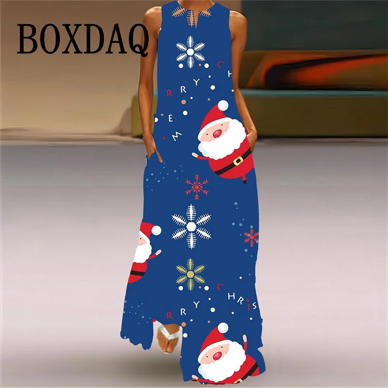 Colorful Christmas Flowers Women Dress Elegant Casual Sleeveless V-neck Pocket Long Dress Spring Summer New Christmas Party Robe