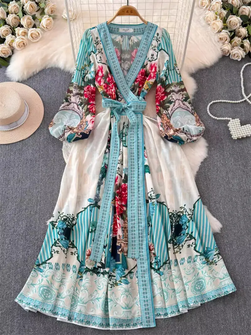 

Spring And Autumn French Palace Style Temperament Fashion Slim Chiffon Dress Women's Large Hem A-Line Printed Long Dress K1671