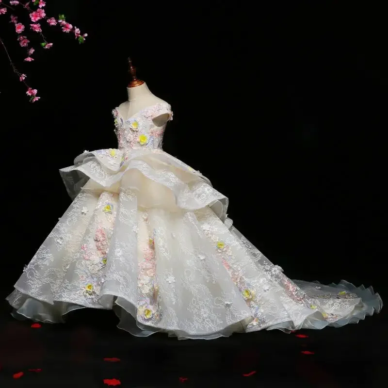 Kids Princess Dress Girls Floral Applique Gown Layered Tulle Skirt Off Shoulder Formal Party Outfit Pageant Costume Elegant Wed