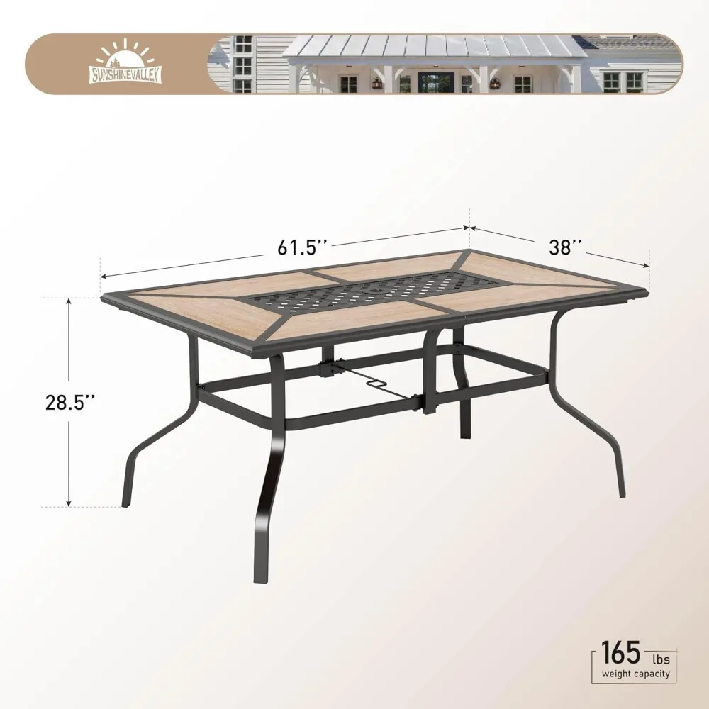طاولة طعام مستطيلة الشكل بلون خشب الساج تتسع لـ 6 أشخاص مع فتحة مظلة، وأثاث خارجي بإطار فولاذي متين