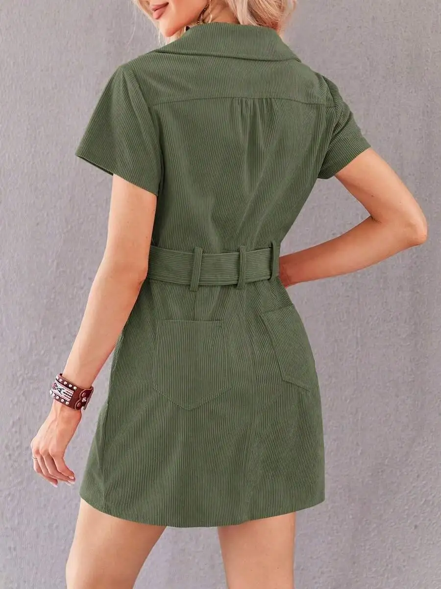 

Womens Corduroy Mini Dress Short Sleeve Lapel Zip Up Belted Cowgirl Style With Pockets