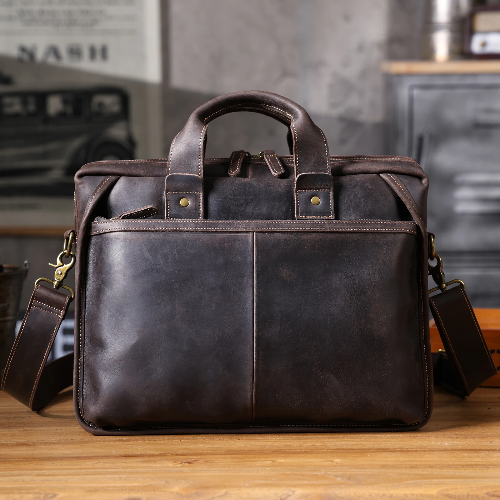 Vintage Echtleder Herren-Aktentasche 14" Laptop-Tasche Crazy Horse Leder Messenger-Handtasche Rindsleder Geschenkidee für Männer – Detail 10