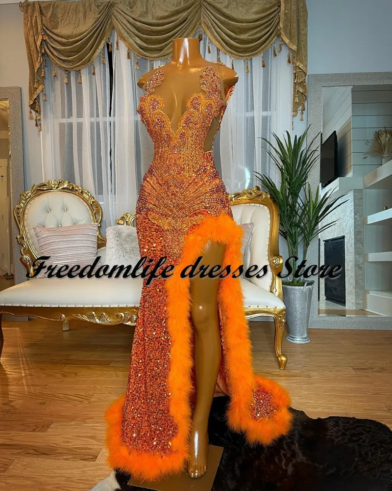 Orange Sequin Prom Dresses 2023 Sparkly Rhinestone Split Feathers Evening Dress Sheer Neck Black Girls Party Gowns