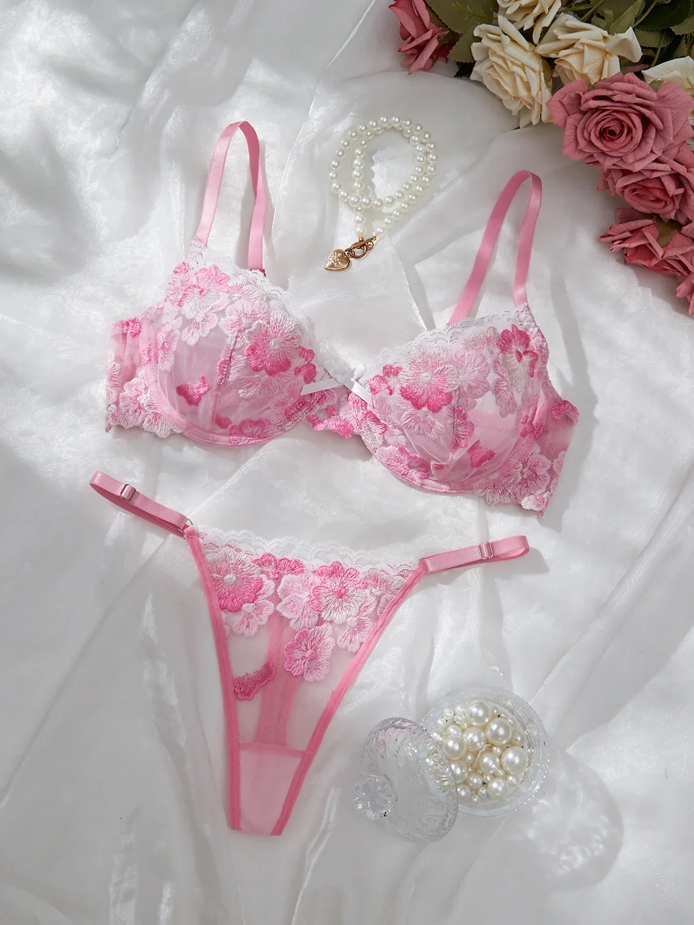 밤에 입는 아름다운 섹시한 여성용 2피스 꽃 자수 속옷 섹시한 에로틱 란제리 세트